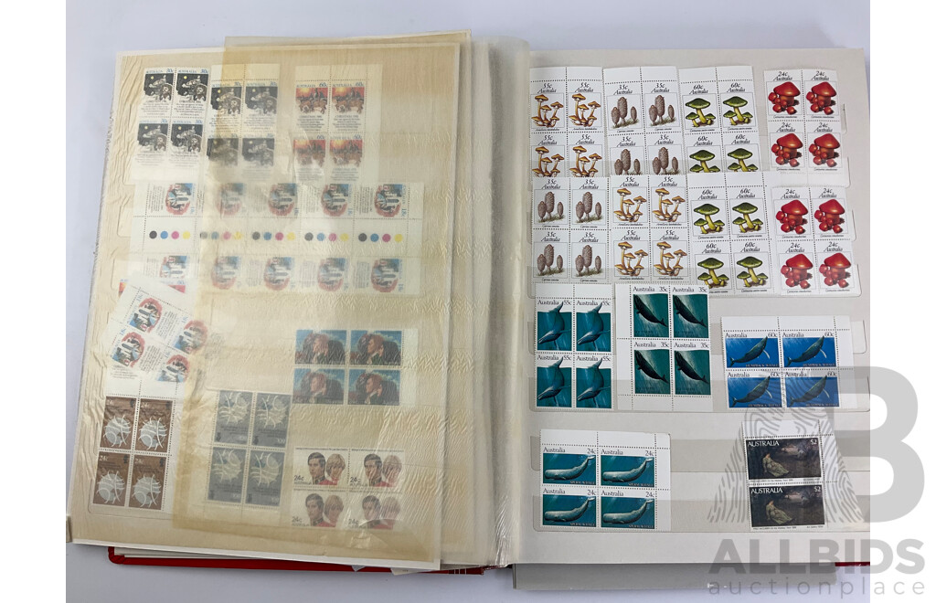 Collection of Australian 1970's-80's Mint Stamps Blocks Including 1978 Horse Racing Series Set, 1980 Stamp Week, 1982 ABC 50th Anniversary, 1984 Los Angles Olympics and More