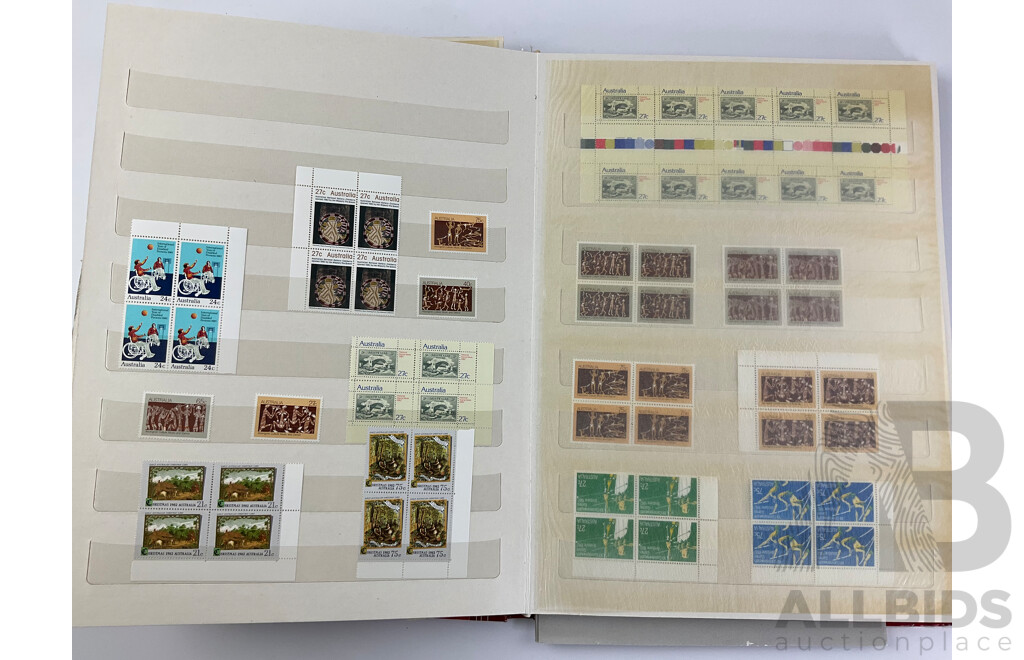 Collection of Australian 1970's-80's Mint Stamps Blocks Including 1978 Horse Racing Series Set, 1980 Stamp Week, 1982 ABC 50th Anniversary, 1984 Los Angles Olympics and More