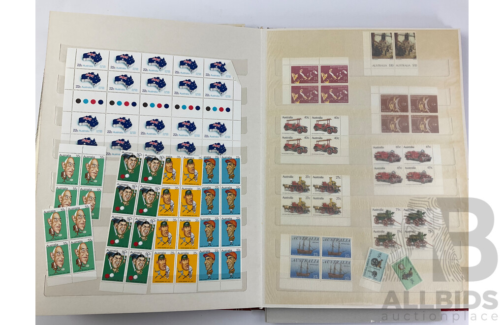 Collection of Australian 1970's-80's Mint Stamps Blocks Including 1978 Horse Racing Series Set, 1980 Stamp Week, 1982 ABC 50th Anniversary, 1984 Los Angles Olympics and More