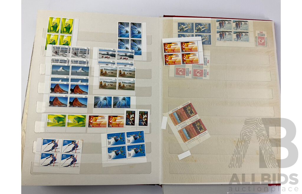 Collection of Australian 1970's-80's Mint Stamps Blocks Including 1978 Horse Racing Series Set, 1980 Stamp Week, 1982 ABC 50th Anniversary, 1984 Los Angles Olympics and More