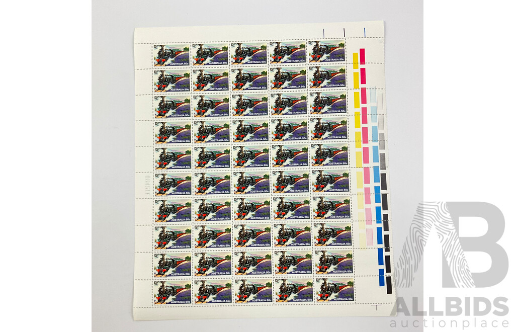 Australian 1979 Mint Stamp Sheets with Gutters, Australian Steam Locomotives Complete Set, Face Value $80