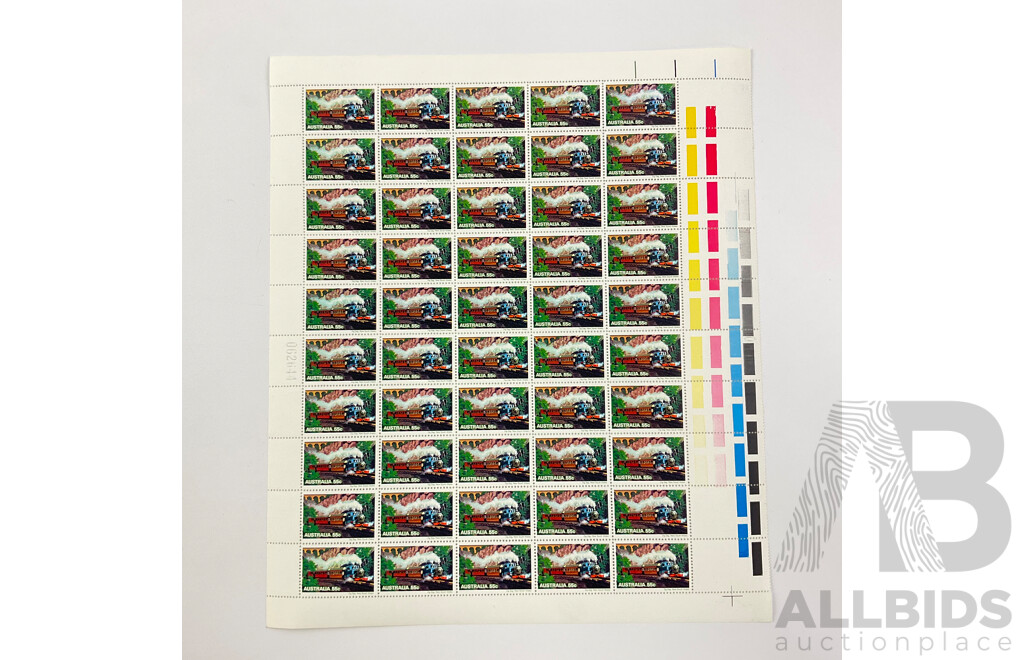 Australian 1979 Mint Stamp Sheets with Gutters, Australian Steam Locomotives Complete Set, Face Value $80