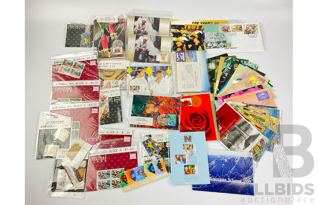 Collection of Australian 1998-99-2000 First Day Issue Postcards, Collectors Choice/Stamp Packs Including 100 Years of Test Rugby, Snowy Mountain Scheme 1999, Australian Legends and More