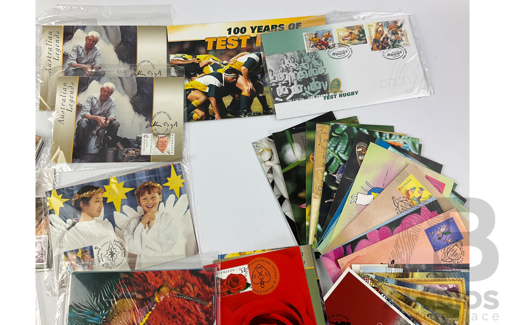 Collection of Australian 1998-99-2000 First Day Issue Postcards, Collectors Choice/Stamp Packs Including 100 Years of Test Rugby, Snowy Mountain Scheme 1999, Australian Legends and More