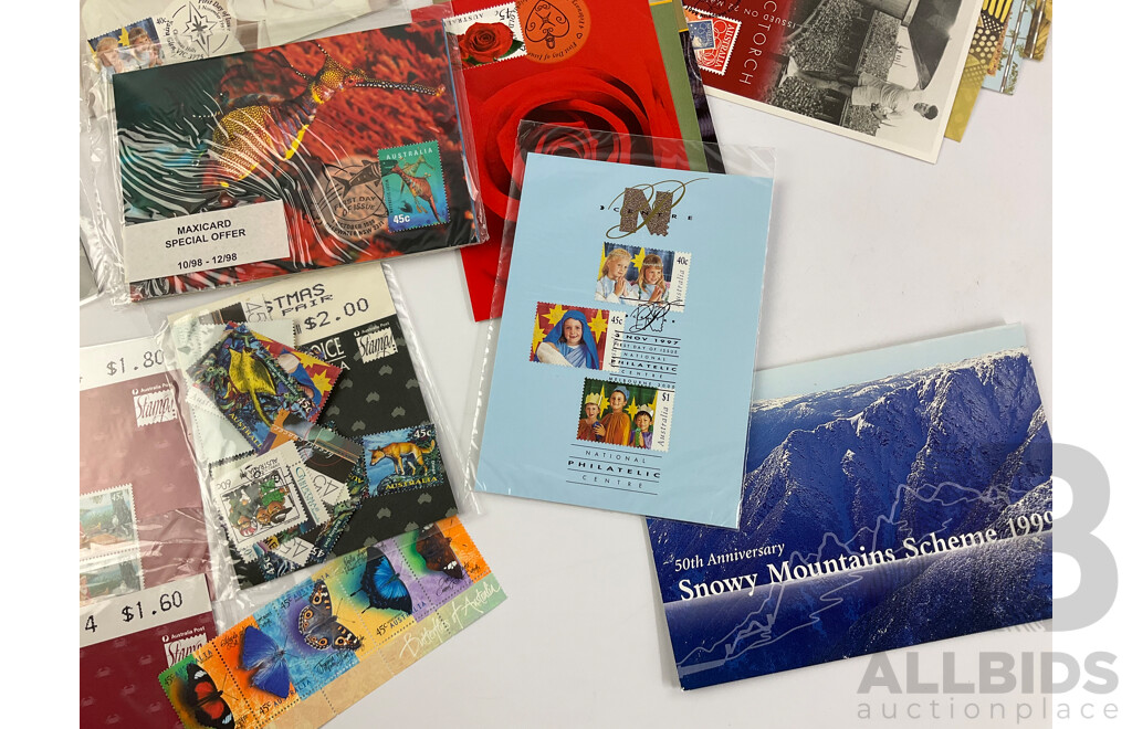 Collection of Australian 1998-99-2000 First Day Issue Postcards, Collectors Choice/Stamp Packs Including 100 Years of Test Rugby, Snowy Mountain Scheme 1999, Australian Legends and More