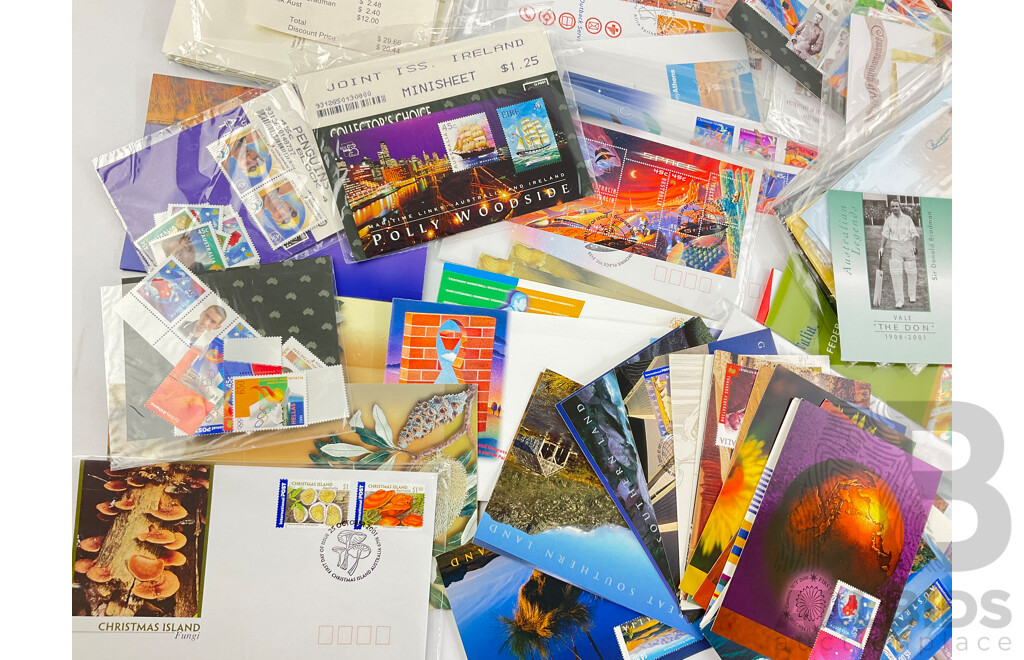 Collection of Australian 2001 First Day Issue Postcards, First Day Covers, Stamps and Stamp Packs