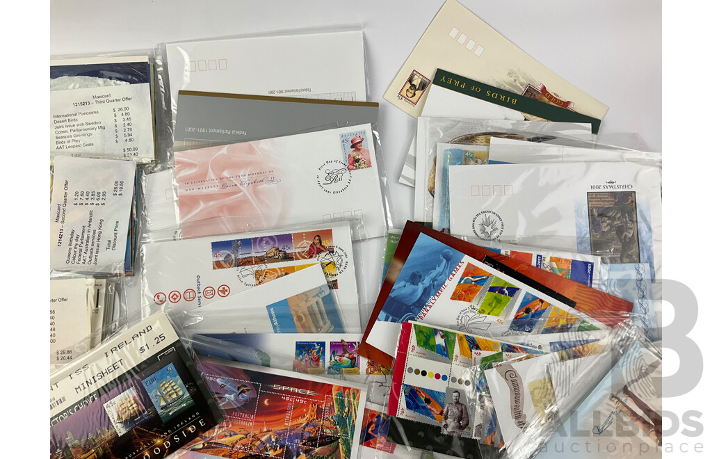 Collection of Australian 2001 First Day Issue Postcards, First Day Covers, Stamps and Stamp Packs