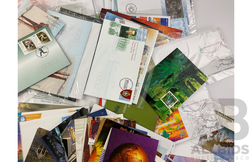 Collection of Australian 2001 First Day Issue Postcards, First Day Covers, Stamps and Stamp Packs