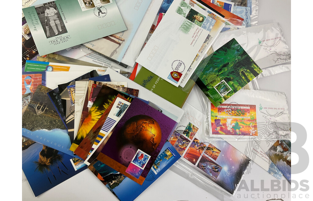 Collection of Australian 2001 First Day Issue Postcards, First Day Covers, Stamps and Stamp Packs