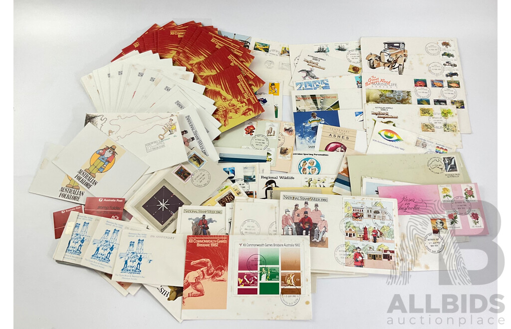 Australian Early 1980's Stamp Packs and First Day Covers Including 1980 National Stamp Week and 1982 Brisbane Commonwealth Games, Many Multiples