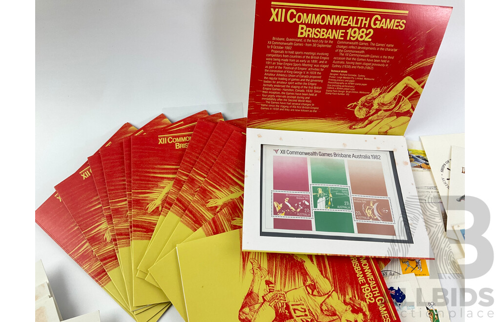 Australian Early 1980's Stamp Packs and First Day Covers Including 1980 National Stamp Week and 1982 Brisbane Commonwealth Games, Many Multiples