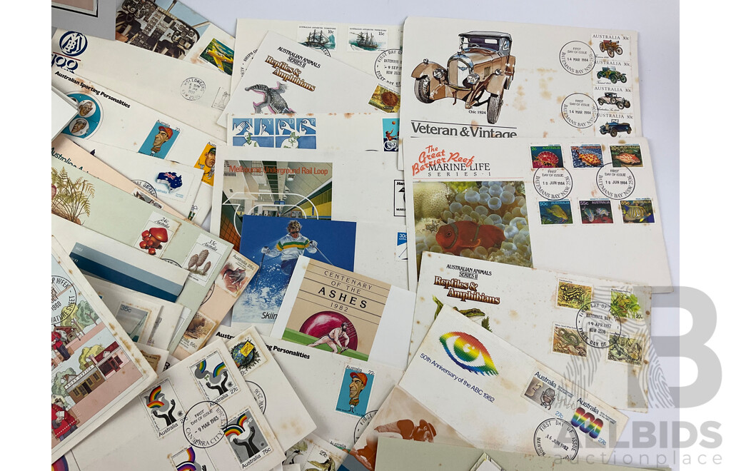 Australian Early 1980's Stamp Packs and First Day Covers Including 1980 National Stamp Week and 1982 Brisbane Commonwealth Games, Many Multiples