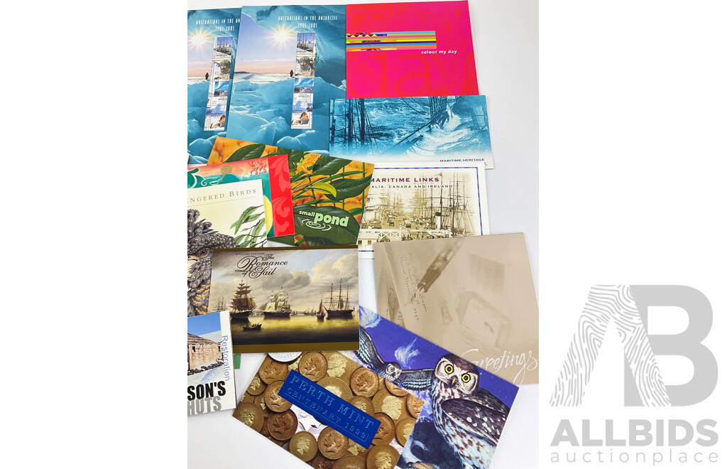 Selection of Australian 1990's to 2000's Stamp Packs and Maxicards Including Small Pond, Sailing Ships of Australia, Youth Arts Australia, Singapore Joint Issue, Slim Dusty, Sydney 2000 Olympics