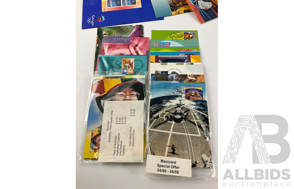 Selection of Australian 1990's to 2000's Stamp Packs and Maxicards Including Small Pond, Sailing Ships of Australia, Youth Arts Australia, Singapore Joint Issue, Slim Dusty, Sydney 2000 Olympics