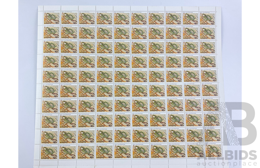 Australian 1982 Stamp Sheets, Animal Series, Eastern Water Dragon, Yellow Faced Whip Snake  - Face Value $140