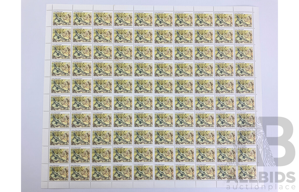 Australian 1982 Stamp Sheets, Animal Series, Eastern Water Dragon, Yellow Faced Whip Snake  - Face Value $140