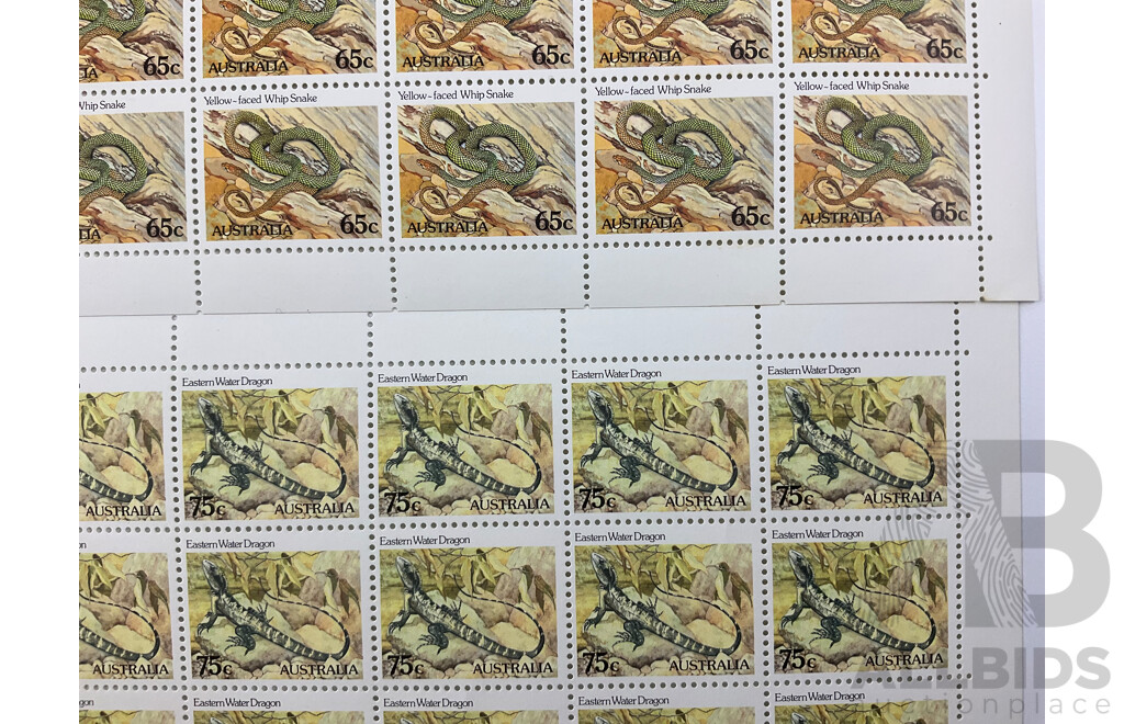 Australian 1982 Stamp Sheets, Animal Series, Eastern Water Dragon, Yellow Faced Whip Snake  - Face Value $140