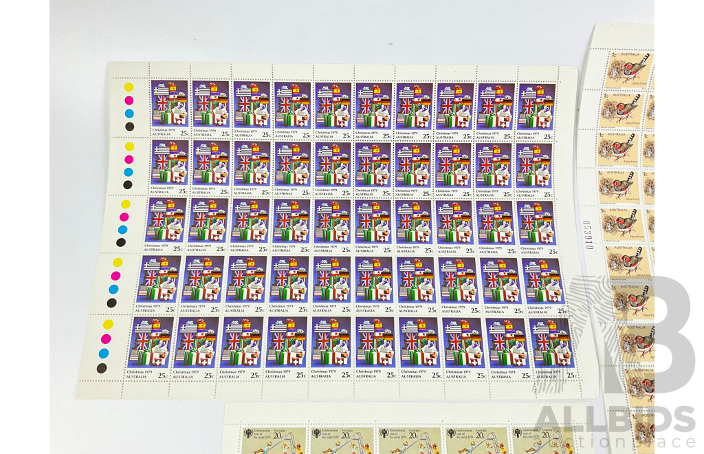 Australian 1979 Stamp Sheets Including Western Australia 150th Anniversary, Zebra Finch, International Year of the Child, Christmas - Face Value $36