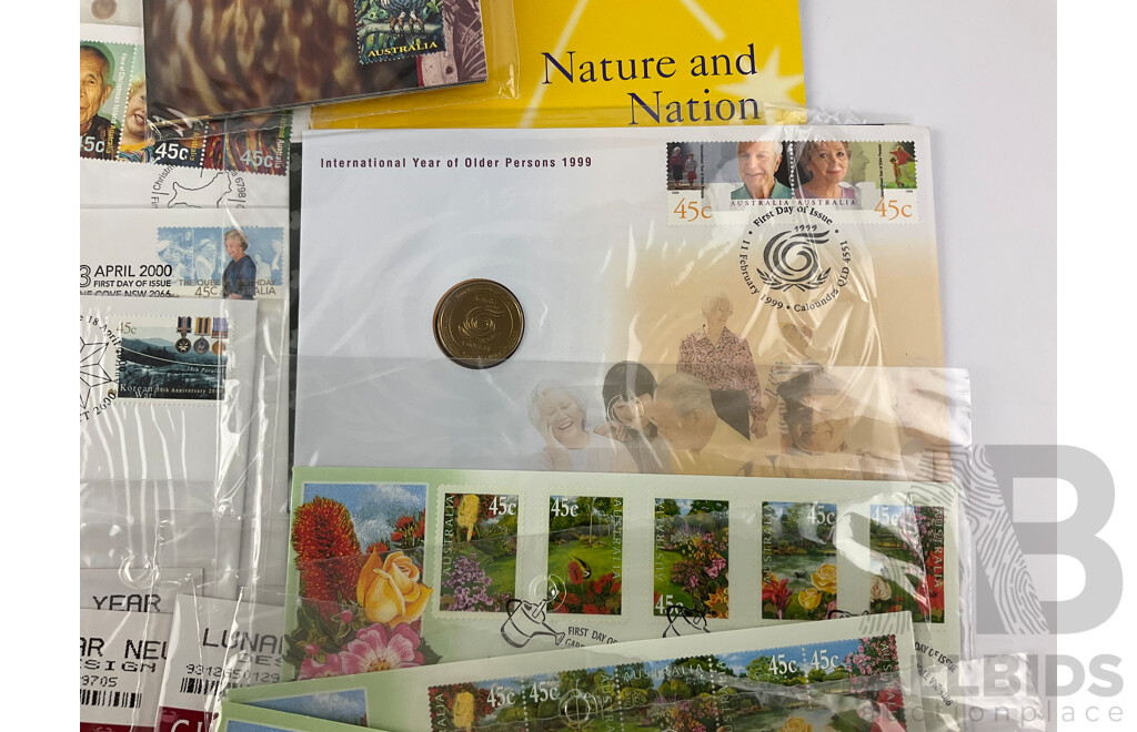 Australian Philatelics Including 1999 Year of Older Persons PNC, 1998 Maxicards, Christmas Island and Collectors Choice Stamp Packs, Mint Stamps, First Day Covers