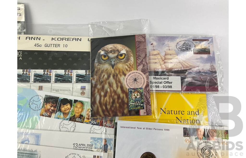 Australian Philatelics Including 1999 Year of Older Persons PNC, 1998 Maxicards, Christmas Island and Collectors Choice Stamp Packs, Mint Stamps, First Day Covers