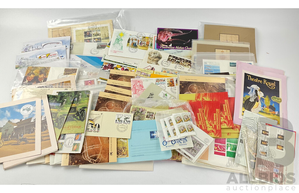 Collection of Australian 1980's Stamp Packs, Mint Stamp Blocks and First Day Covers Including Bicentennial, Living Together, 1982 Commonwealth Games, Aerogrammes and More