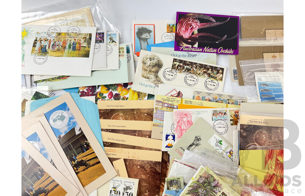 Collection of Australian 1980's Stamp Packs, Mint Stamp Blocks and First Day Covers Including Bicentennial, Living Together, 1982 Commonwealth Games, Aerogrammes and More