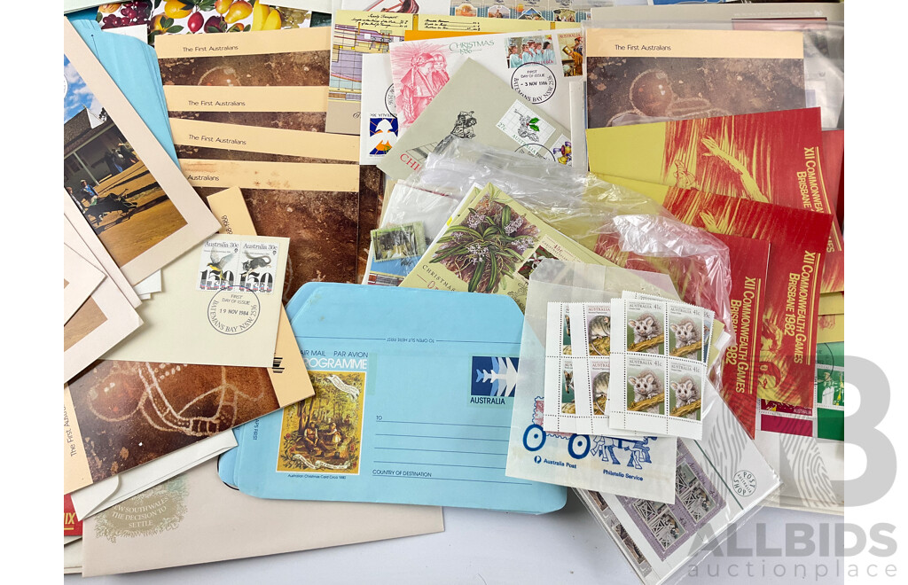 Collection of Australian 1980's Stamp Packs, Mint Stamp Blocks and First Day Covers Including Bicentennial, Living Together, 1982 Commonwealth Games, Aerogrammes and More