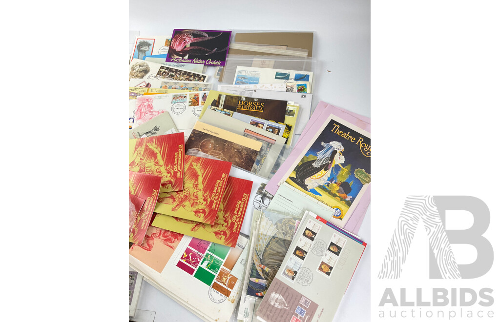 Collection of Australian 1980's Stamp Packs, Mint Stamp Blocks and First Day Covers Including Bicentennial, Living Together, 1982 Commonwealth Games, Aerogrammes and More