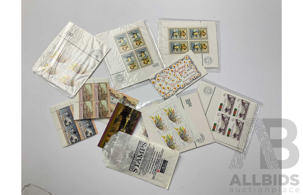 Collection of Australian 1980's Stamp Packs, Mint Stamp Blocks and First Day Covers Including Bicentennial, Living Together, 1982 Commonwealth Games, Aerogrammes and More