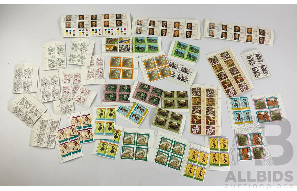 Collection of 1980's and 90's Australian, Cocos Islands, Christmas Island Mint Stamp Blocks and Gutters Including Locomotives and Aviation - Face Value Over $100