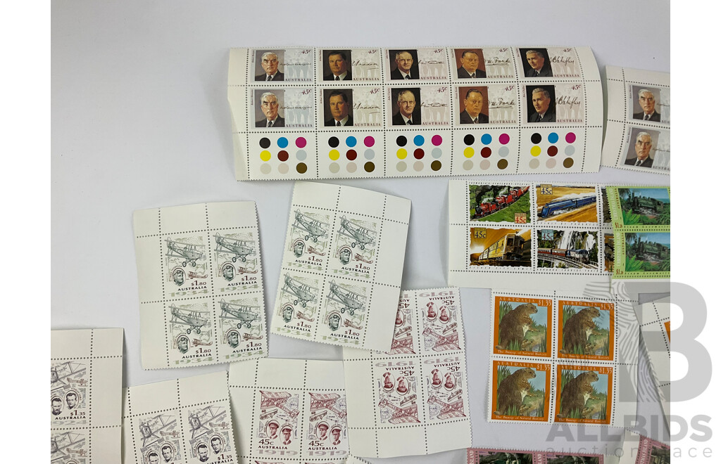 Collection of 1980's and 90's Australian, Cocos Islands, Christmas Island Mint Stamp Blocks and Gutters Including Locomotives and Aviation - Face Value Over $100