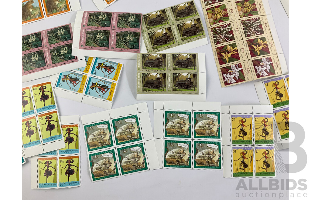 Collection of 1980's and 90's Australian, Cocos Islands, Christmas Island Mint Stamp Blocks and Gutters Including Locomotives and Aviation - Face Value Over $100