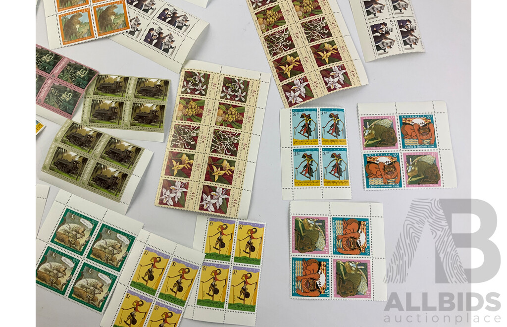 Collection of 1980's and 90's Australian, Cocos Islands, Christmas Island Mint Stamp Blocks and Gutters Including Locomotives and Aviation - Face Value Over $100