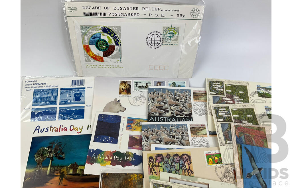 Collection of Australian 1990's Stamp Packs, First Day Covers, Maxi Cards and Mini Sheets Including 1994 Centenary of Votes for Women, Australian Antarctic Territory and More