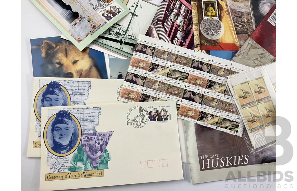 Collection of Australian 1990's Stamp Packs, First Day Covers, Maxi Cards and Mini Sheets Including 1994 Centenary of Votes for Women, Australian Antarctic Territory and More