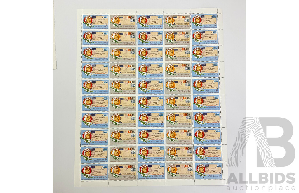 Australian Stamp Sheets and Gutters Including 1980 Waltzing Matilda, 1983 Explorers, 1984 Fiftieth Anniversary First Australia/New Zealand Airmail - Face Value $97