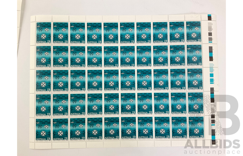 Australian 1980's Stamp Sheets and Gutters Including 1980 Waltzing Matilda, 1983 World Communications, St John Ambulance, Jaycees - Face Value $62