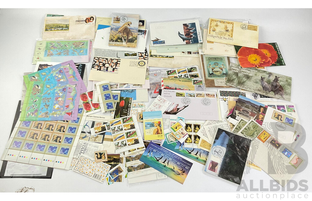 Australian Mint Stamps, Blocks and Gutters, First Day Covers, Stamp Packs and Booklets Including 1976 Olympics, 1994 Life Saving, Women of Federal Parliament, Australian Native Wildlife and More