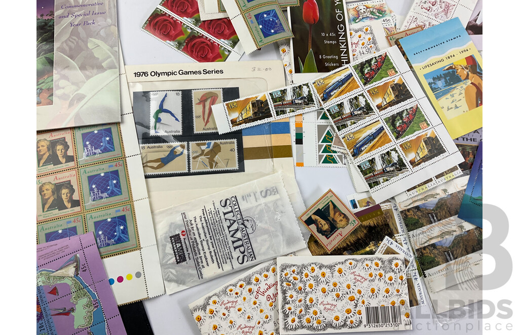 Australian Mint Stamps, Blocks and Gutters, First Day Covers, Stamp Packs and Booklets Including 1976 Olympics, 1994 Life Saving, Women of Federal Parliament, Australian Native Wildlife and More