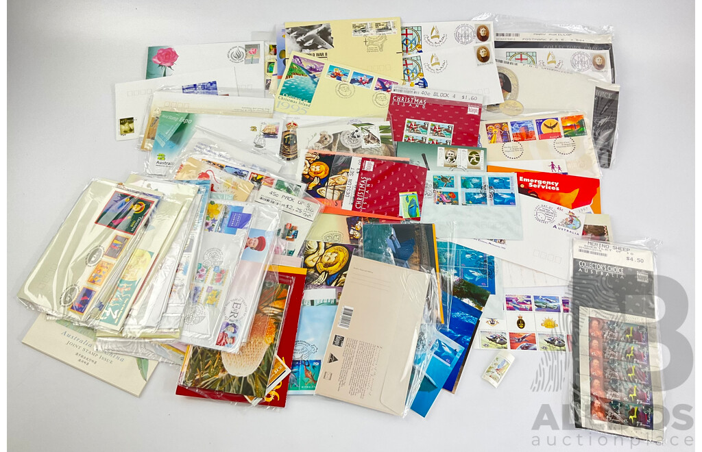 Collection of 1990's Australian Stamp Packs, Mint Stamps and First Day Covers Including Donald Bradman PNC, Button Sets, Collectors Choice, Christmas Island and More