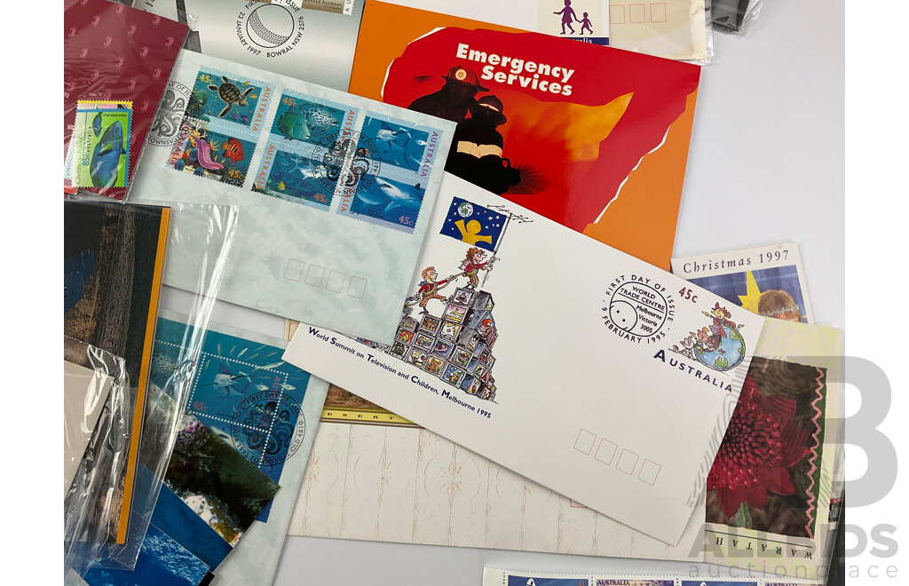 Collection of 1990's Australian Stamp Packs, Mint Stamps and First Day Covers Including Donald Bradman PNC, Button Sets, Collectors Choice, Christmas Island and More