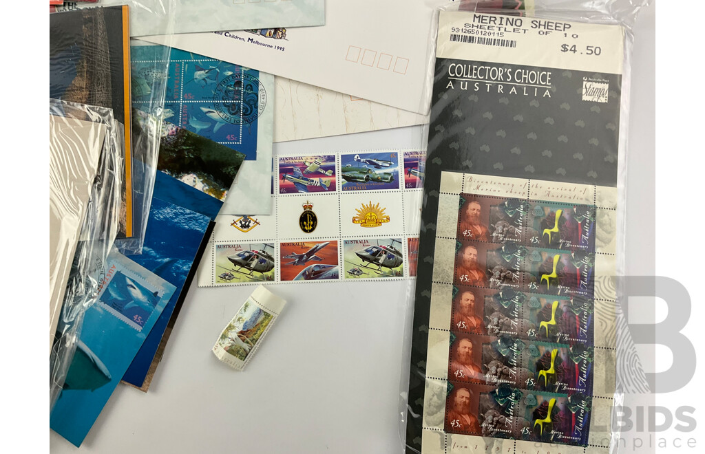 Collection of 1990's Australian Stamp Packs, Mint Stamps and First Day Covers Including Donald Bradman PNC, Button Sets, Collectors Choice, Christmas Island and More