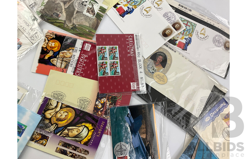 Collection of 1990's Australian Stamp Packs, Mint Stamps and First Day Covers Including Donald Bradman PNC, Button Sets, Collectors Choice, Christmas Island and More