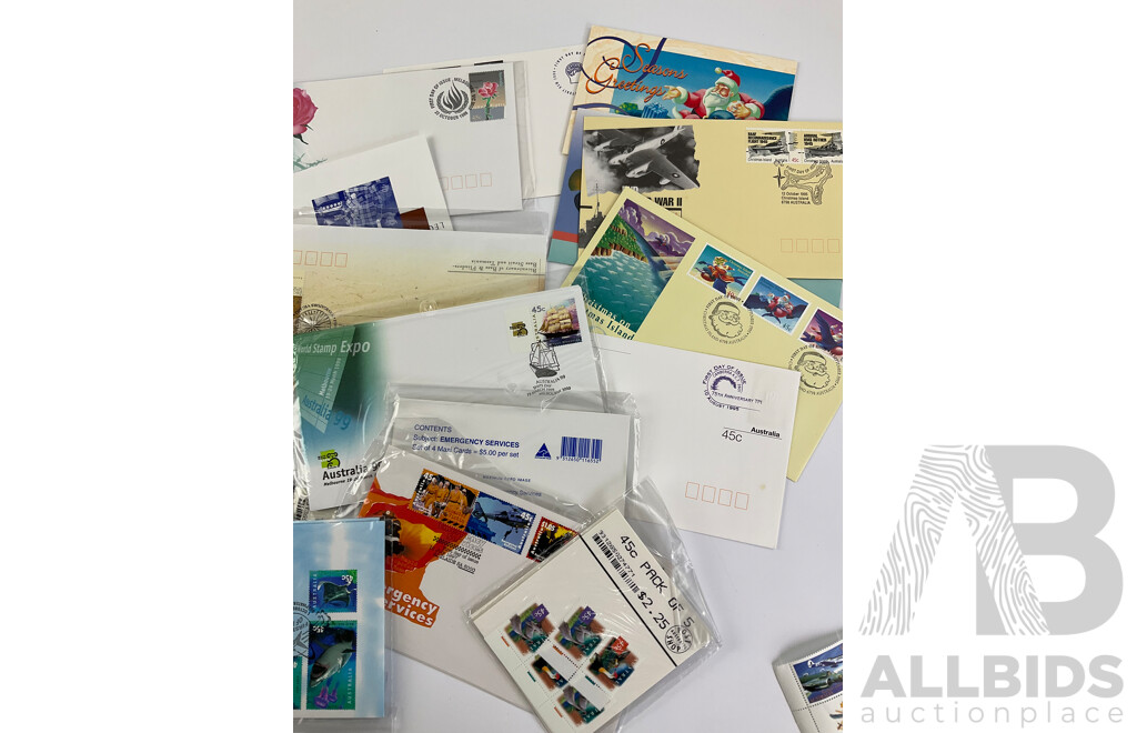 Collection of 1990's Australian Stamp Packs, Mint Stamps and First Day Covers Including Donald Bradman PNC, Button Sets, Collectors Choice, Christmas Island and More