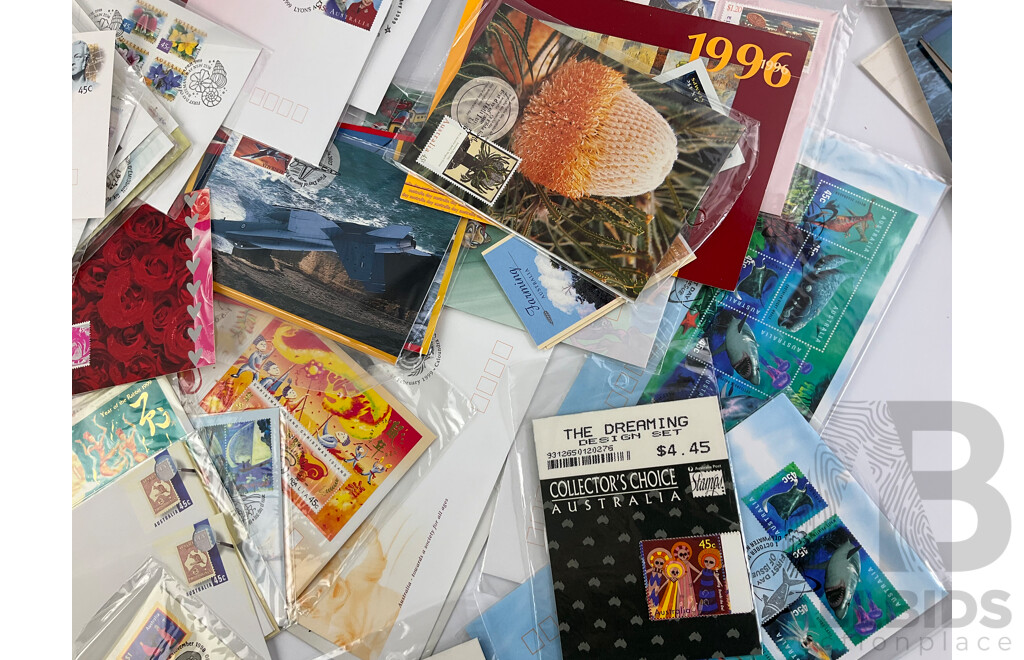 Collection of 1990's Australian Stamp Packs, Mint Stamps and First Day Covers Including Donald Bradman PNC, Button Sets, Collectors Choice, Christmas Island and More