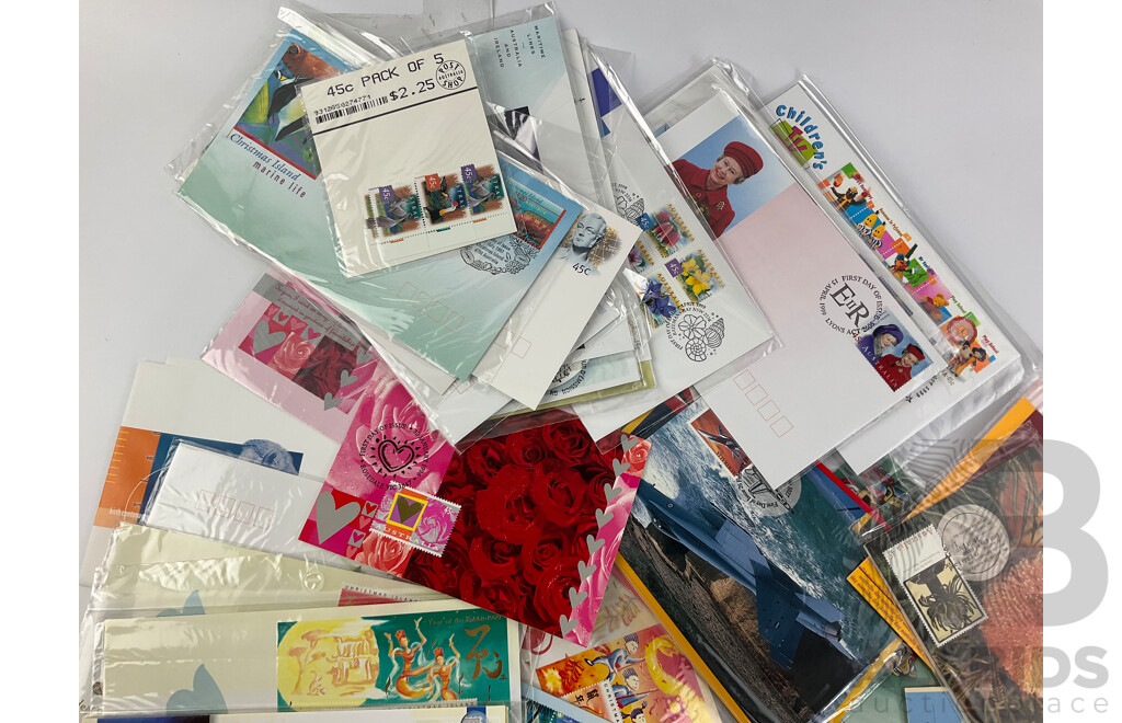 Collection of 1990's Australian Stamp Packs, Mint Stamps and First Day Covers Including Donald Bradman PNC, Button Sets, Collectors Choice, Christmas Island and More