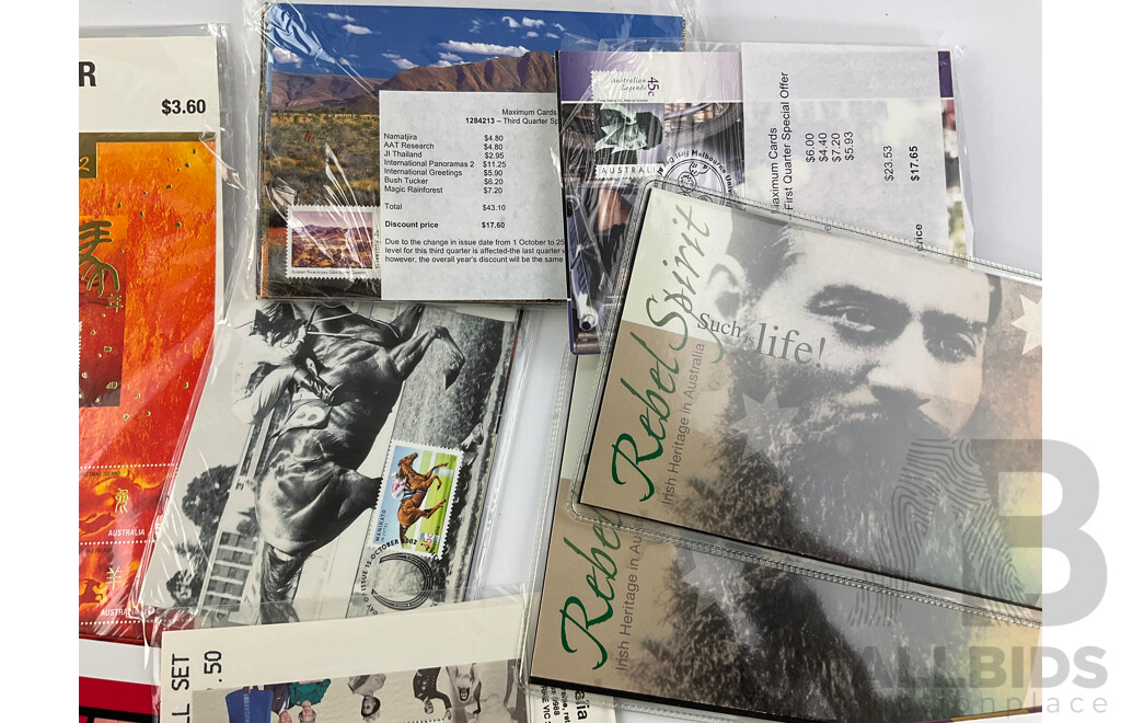 Collection of Australian Stamp Packs, Maximum Cards and First Day Covers Including Rebel Spirit, Elvis, QE2, Christmas, Lunar New Year and More
