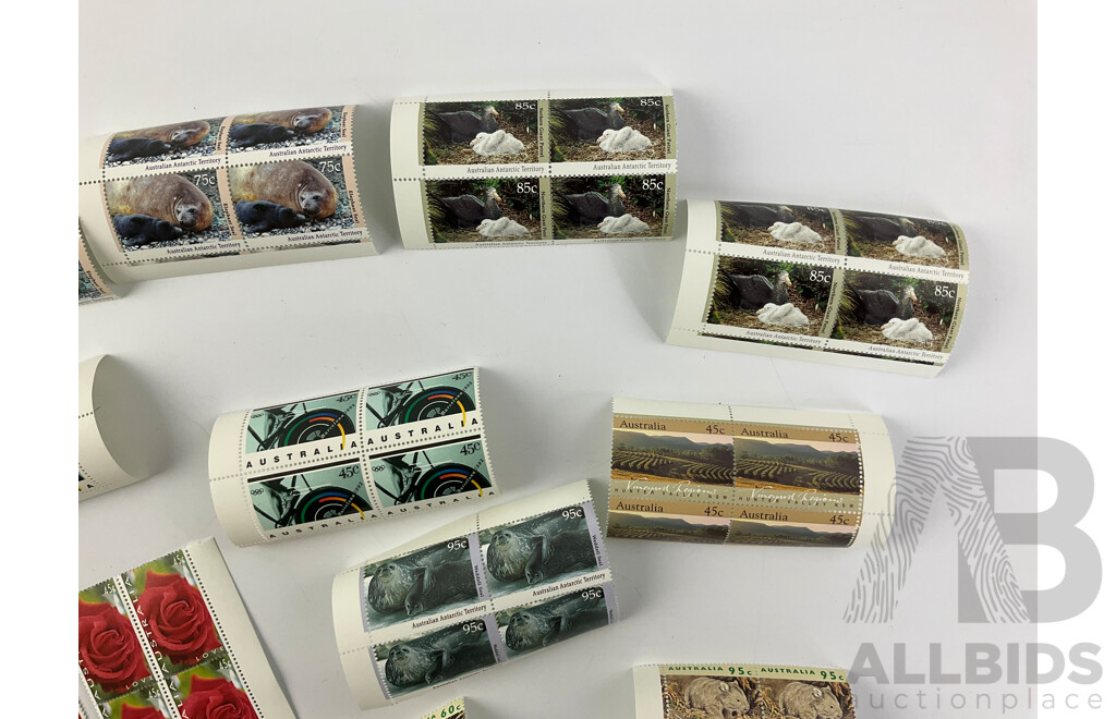 Collection of Australian Stamp Blocks Including Vineyard Regions, Barcelona 1992, Antarctic Territory and More - Face Value Over $60