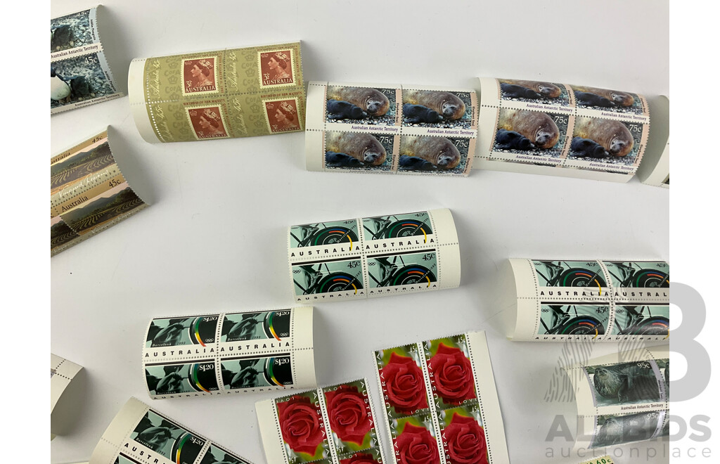 Collection of Australian Stamp Blocks Including Vineyard Regions, Barcelona 1992, Antarctic Territory and More - Face Value Over $60