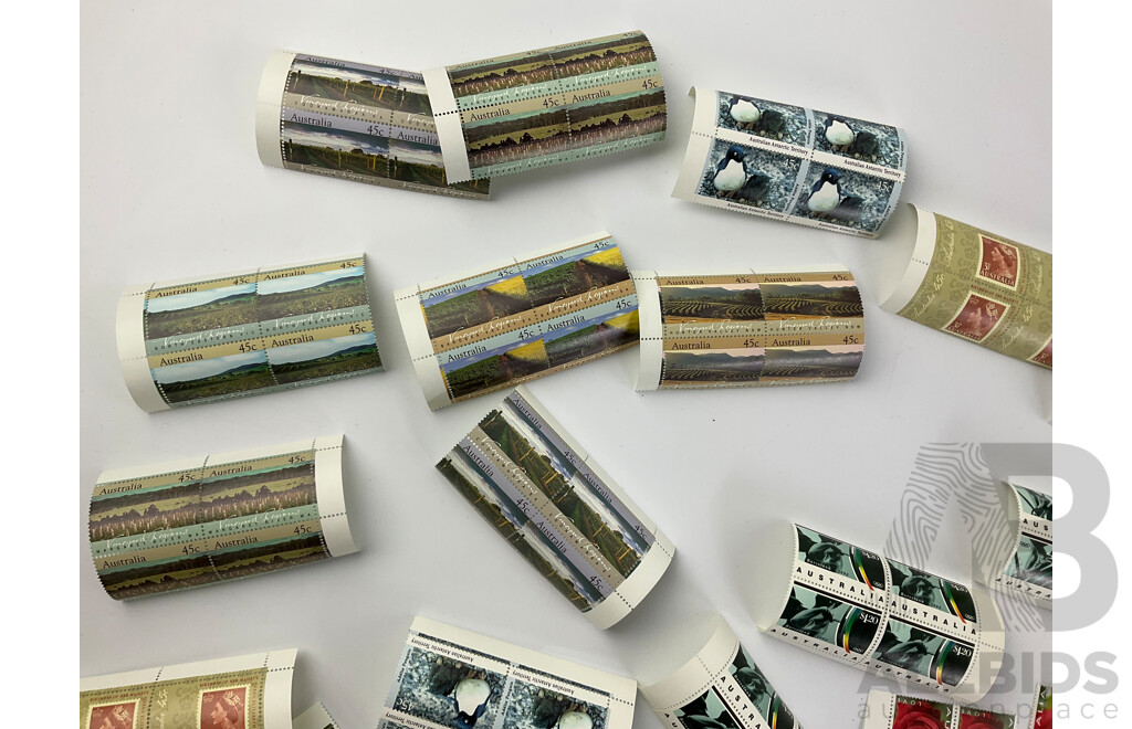 Collection of Australian Stamp Blocks Including Vineyard Regions, Barcelona 1992, Antarctic Territory and More - Face Value Over $60